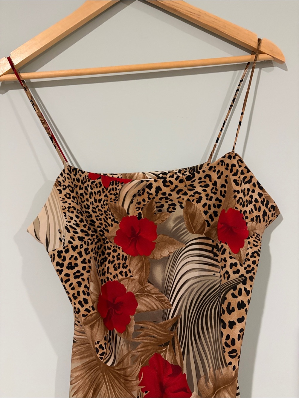 Y2K-era Tropical Leopard Slip Midi Dress with Red Floral - Picture 3 of 9